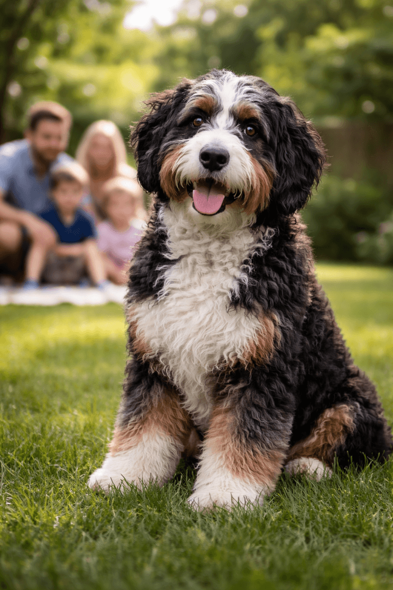 Friendly tricolour Bernedoodle dog sitting in a backyard with its family