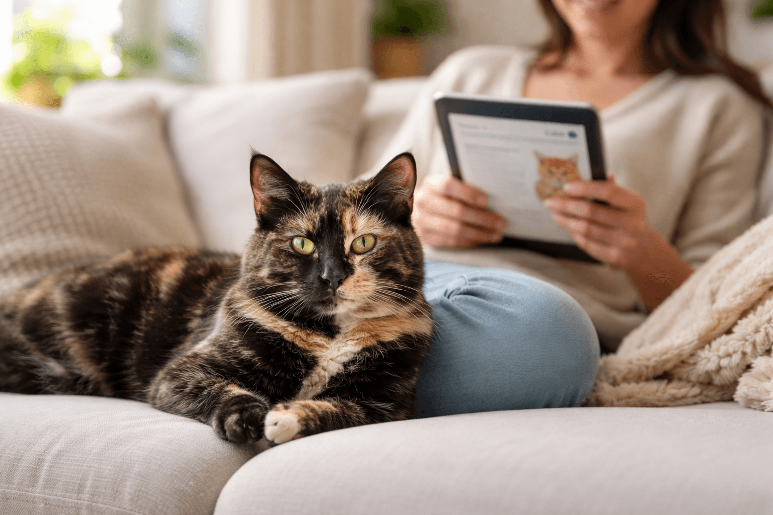 Adult tortoiseshell cat relaxing on a sofa beside an owner reading about cat care on a tablet.