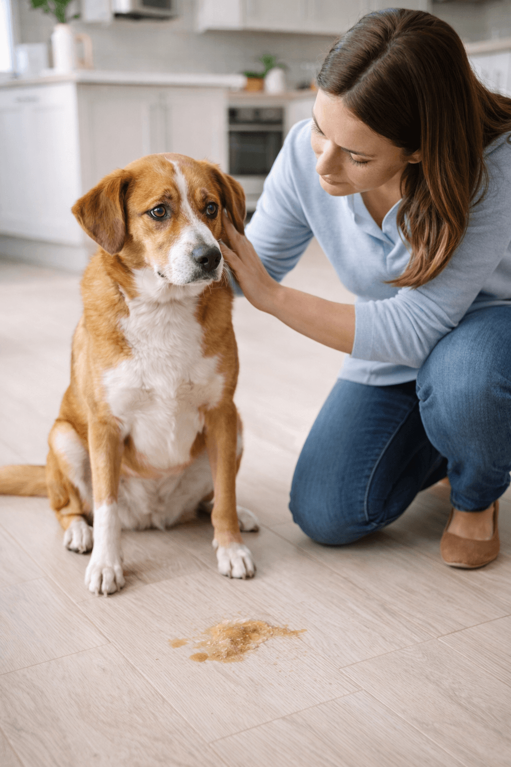 Worried dog sitting on the floor after vomiting while owner gently checks on them.