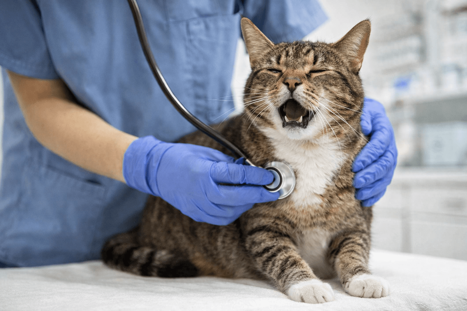 Veterinarian examining a cat's chest while it coughs during a check-up for breathing problems