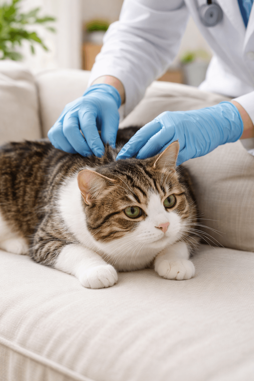 Veterinarian checking a short-haired adult cat for fleas on its back