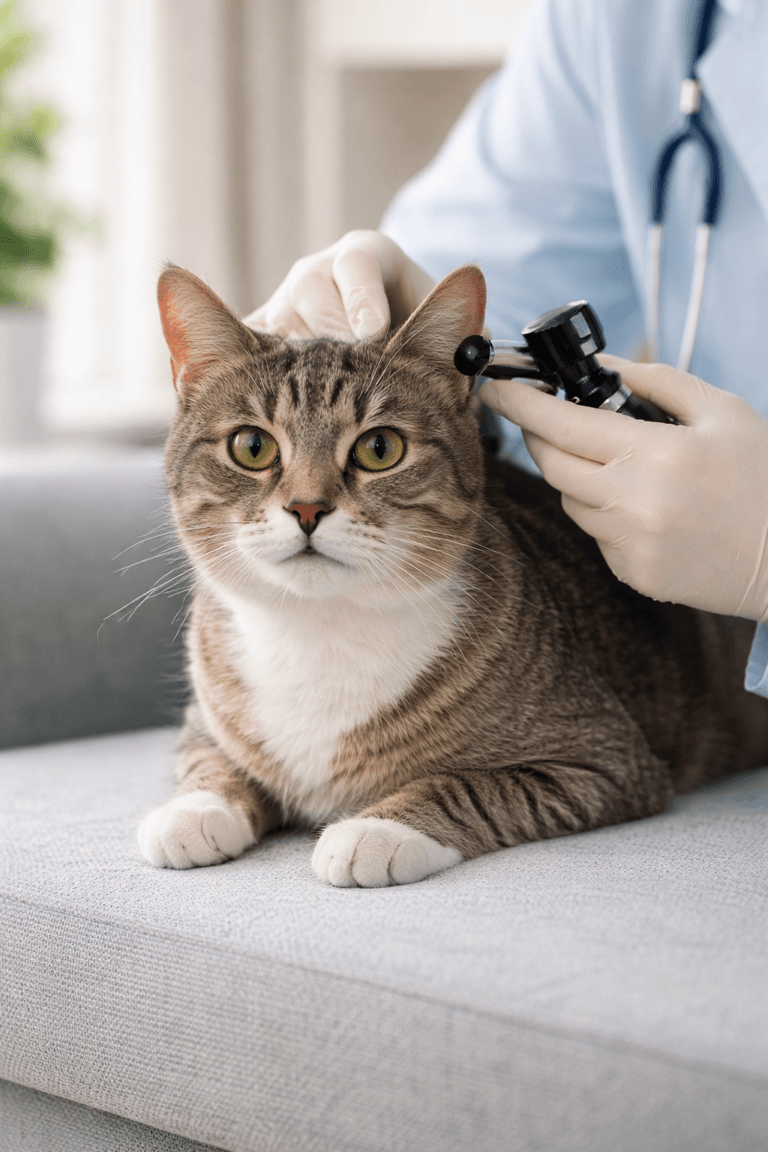 Vet examining a cat’s ear with an otoscope during a check for ear infection.