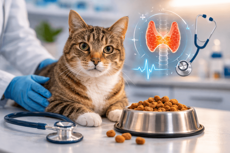 Older cat eating with signs of hyperthyroidism