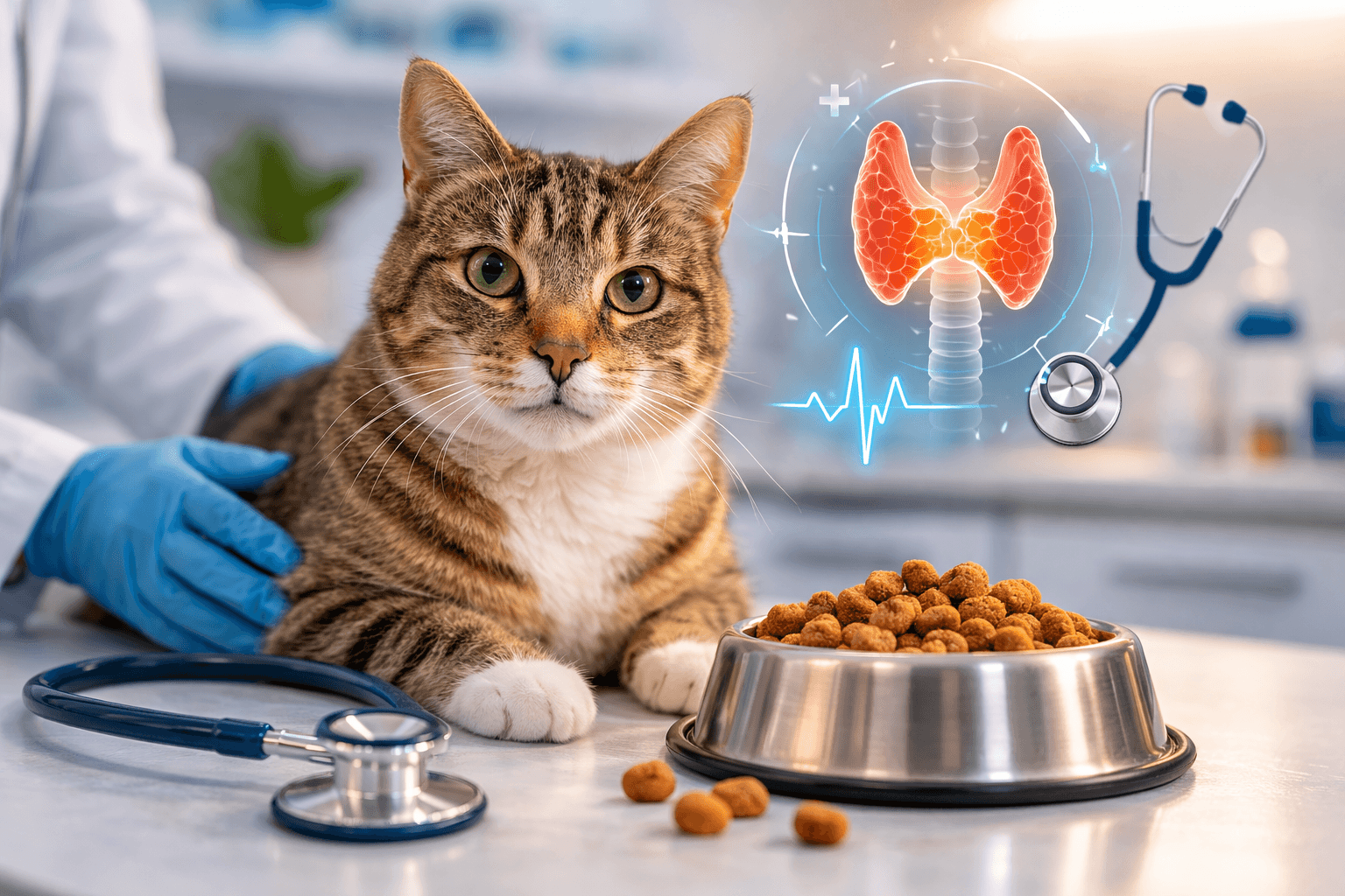 Older cat eating with signs of hyperthyroidism