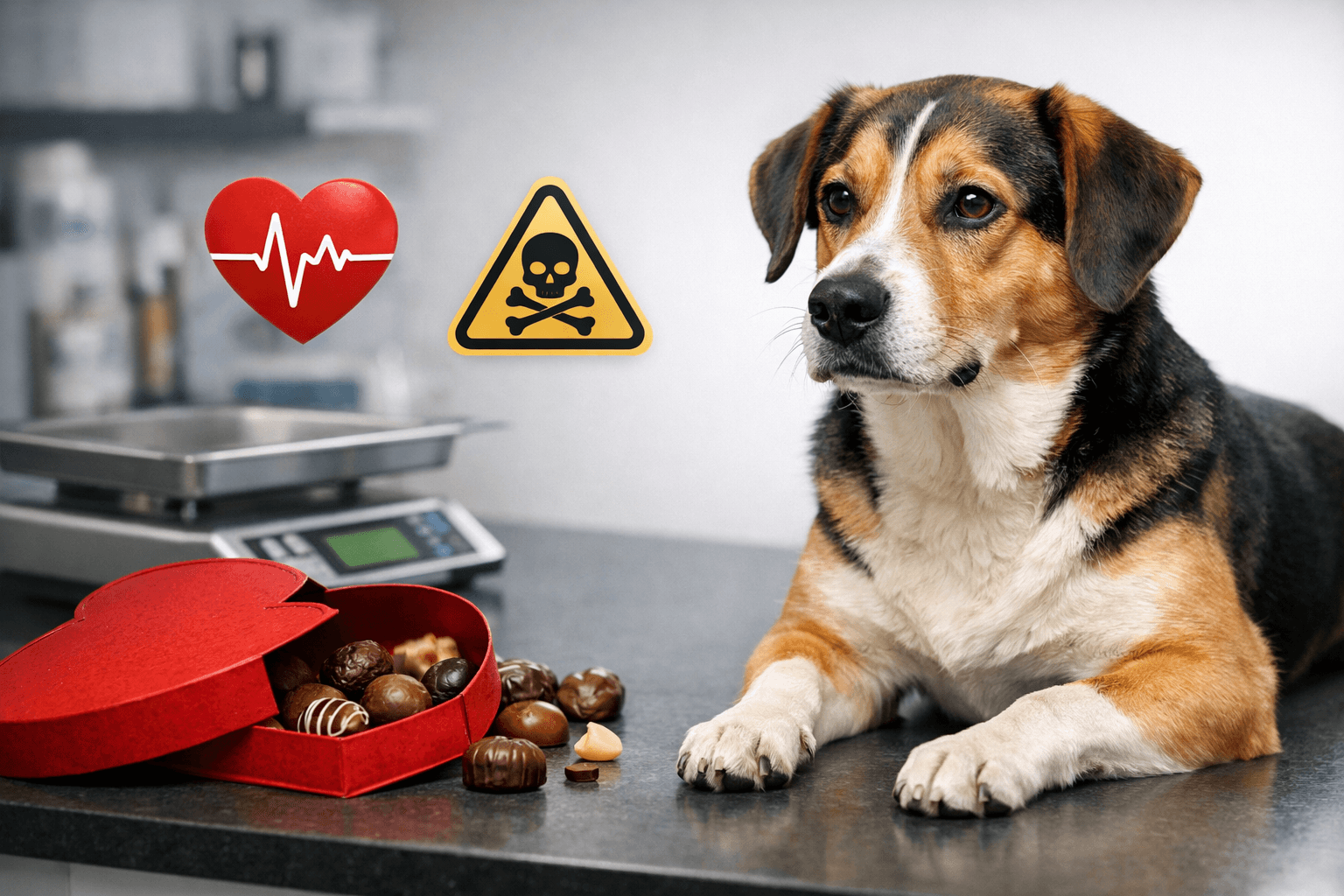 Dog near chocolate with toxin warning icons