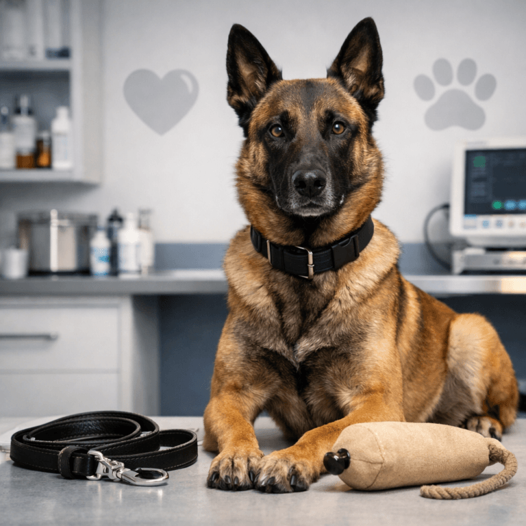 Belgian Malinois sitting calmly in a training-focused vet setting