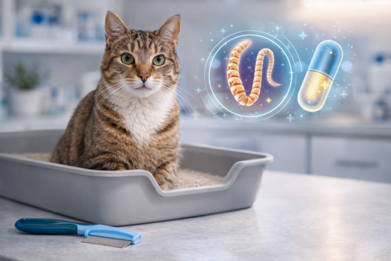 Cat with flea comb and parasite icons representing tapeworm risk