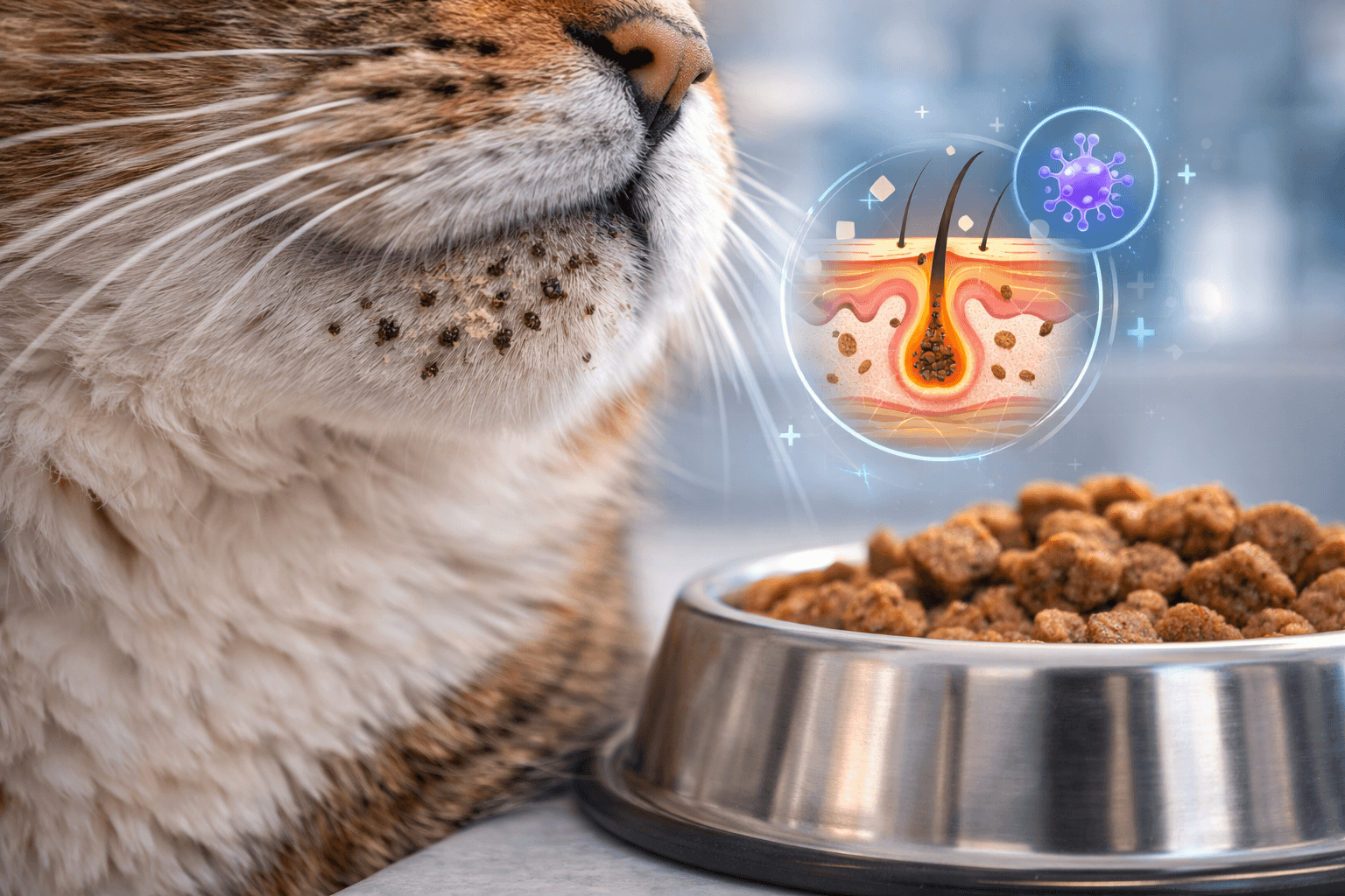 Cat with blackheads on chin near food bowl