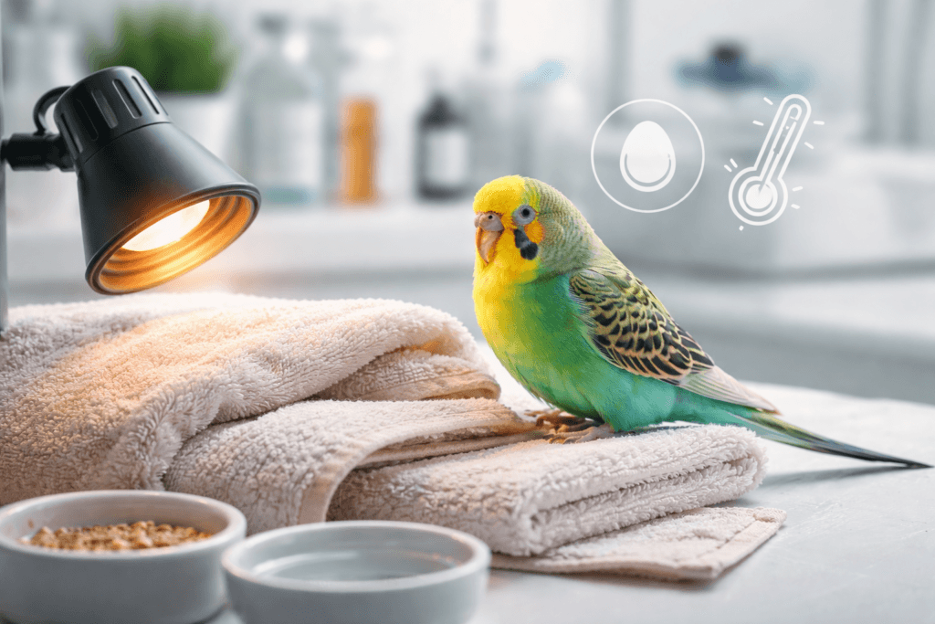 Budgie receiving warmth support for egg binding risk