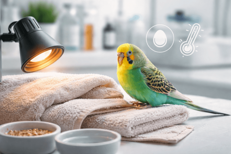 Budgie receiving warmth support for egg binding risk