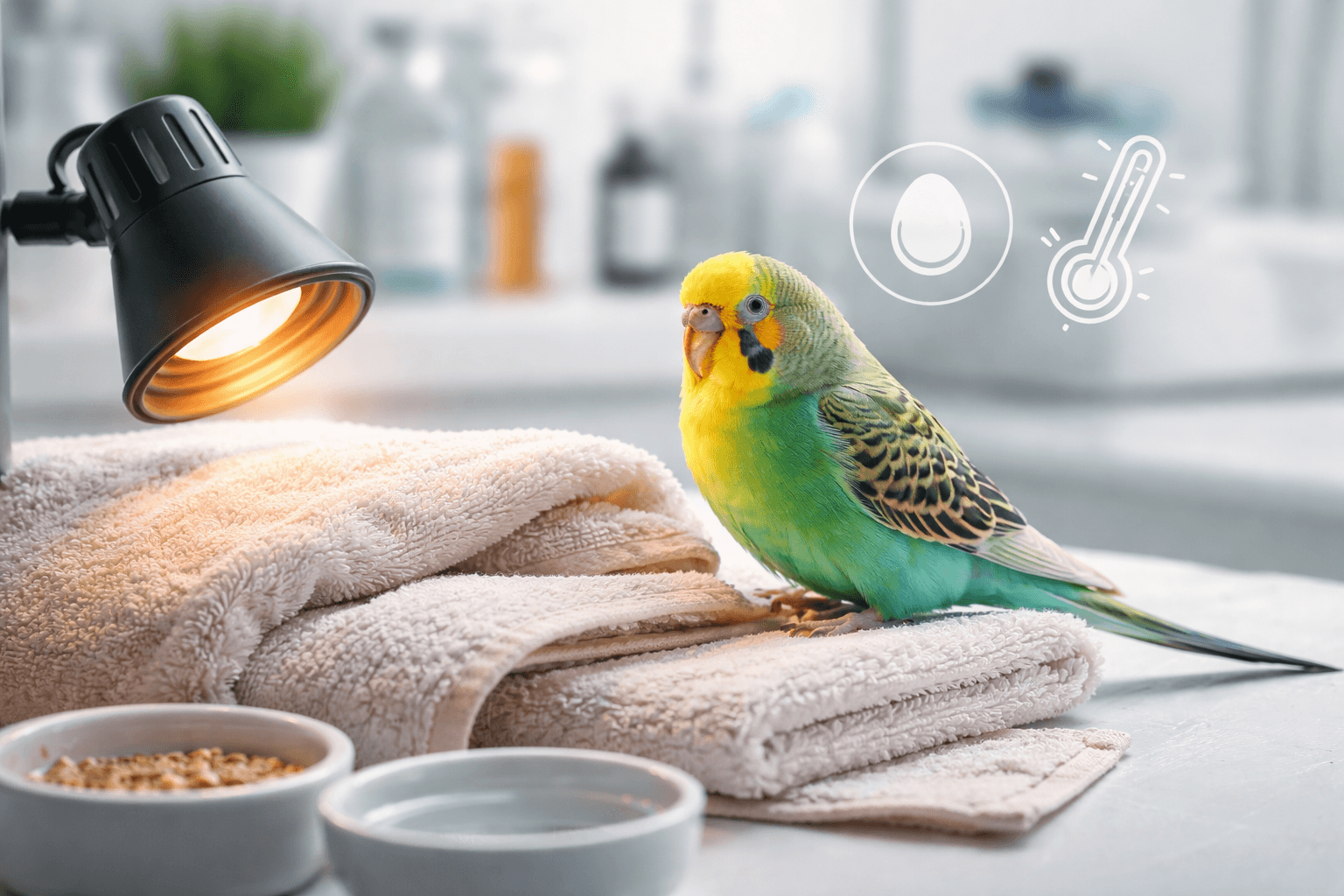 Budgie receiving warmth support for egg binding risk