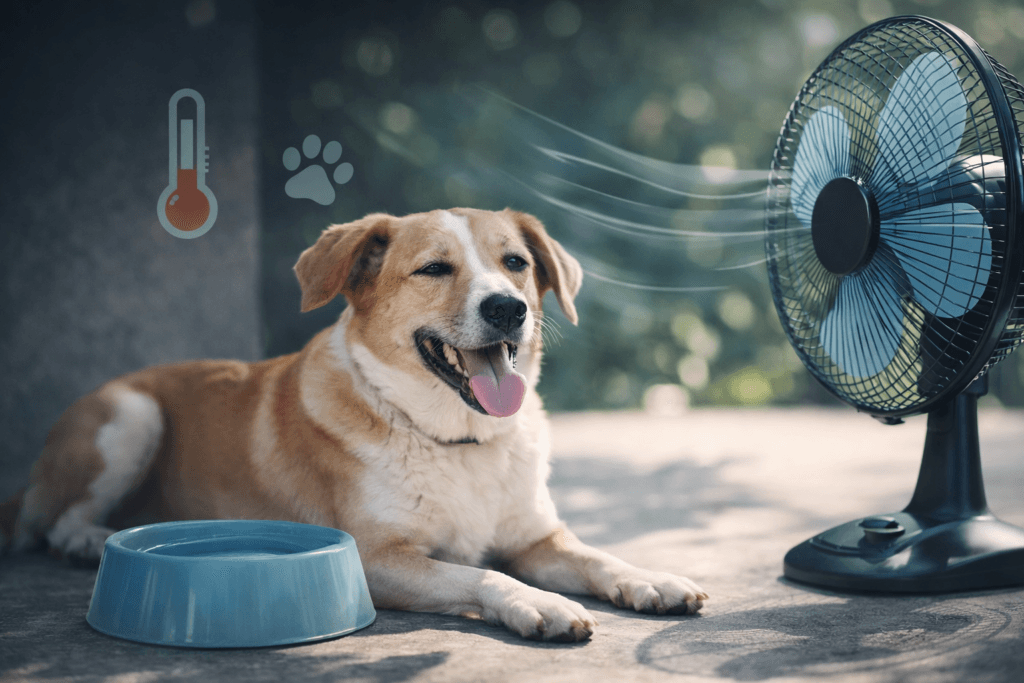 “Dog cooling in shade with water and airflow to prevent heatstroke”