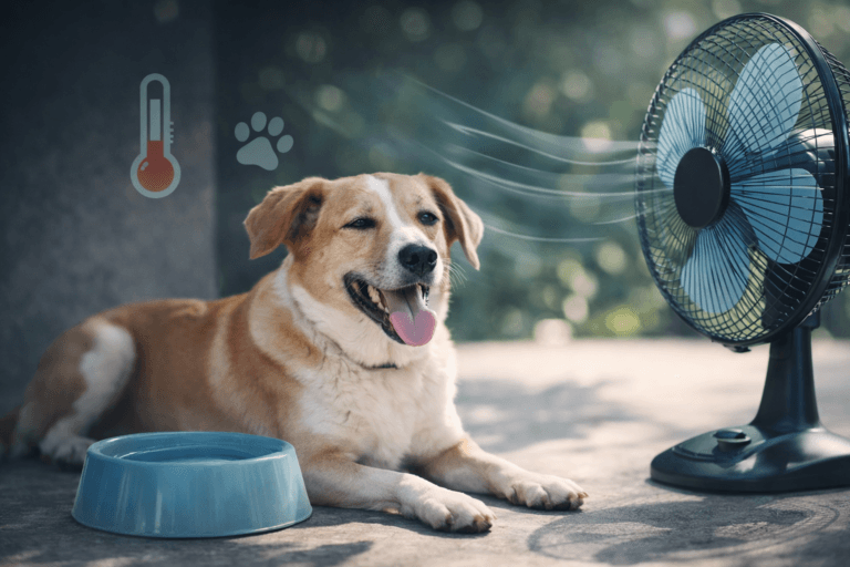 “Dog cooling in shade with water and airflow to prevent heatstroke”