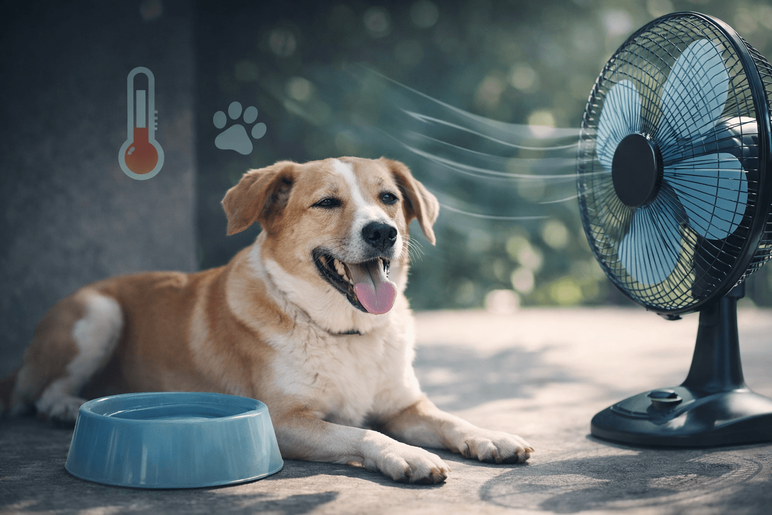 “Dog cooling in shade with water and airflow to prevent heatstroke”