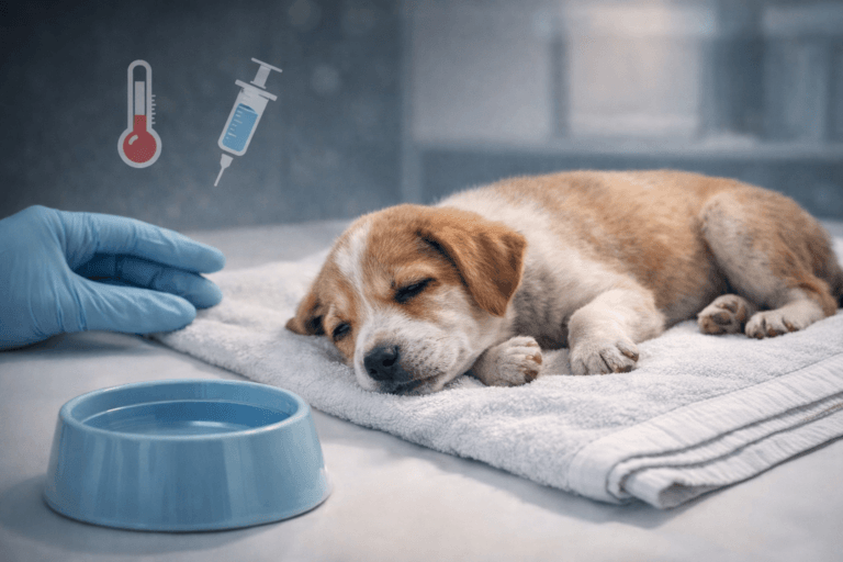 Puppy with parvo signs resting beside water bowl