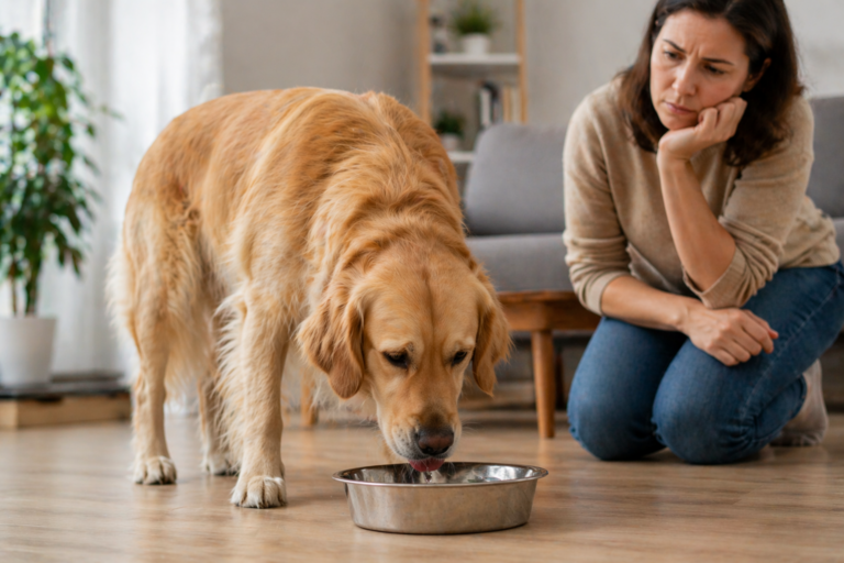 Dog drinking a lot of water indoors while owner looks concerned