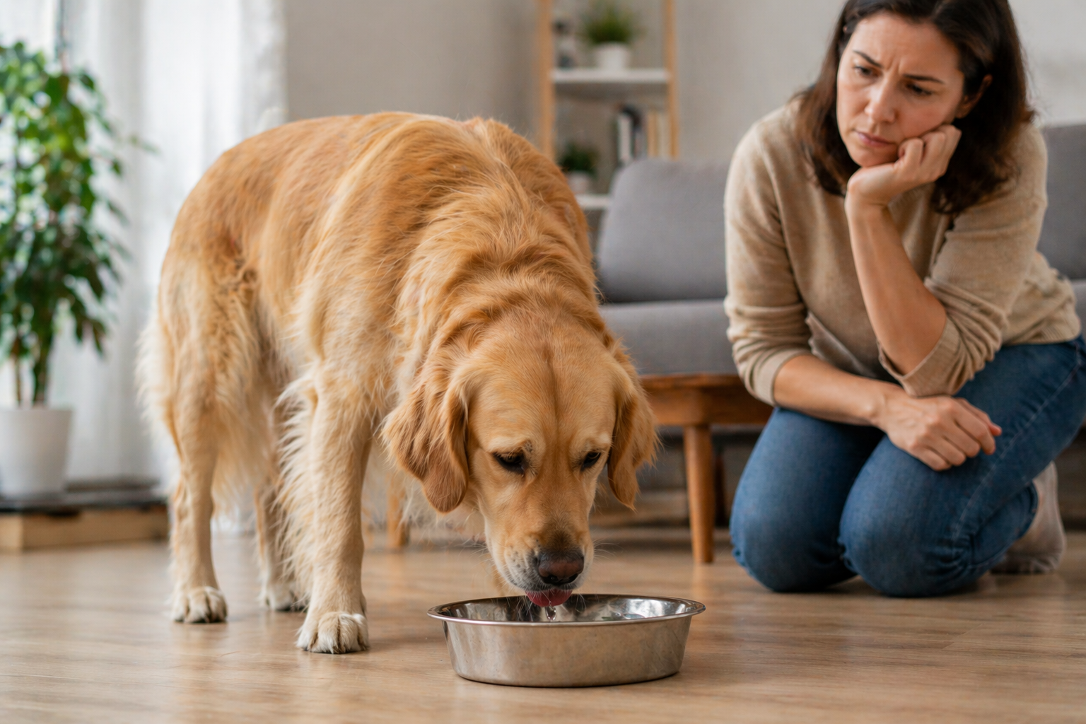 Dog drinking a lot of water indoors while owner looks concerned