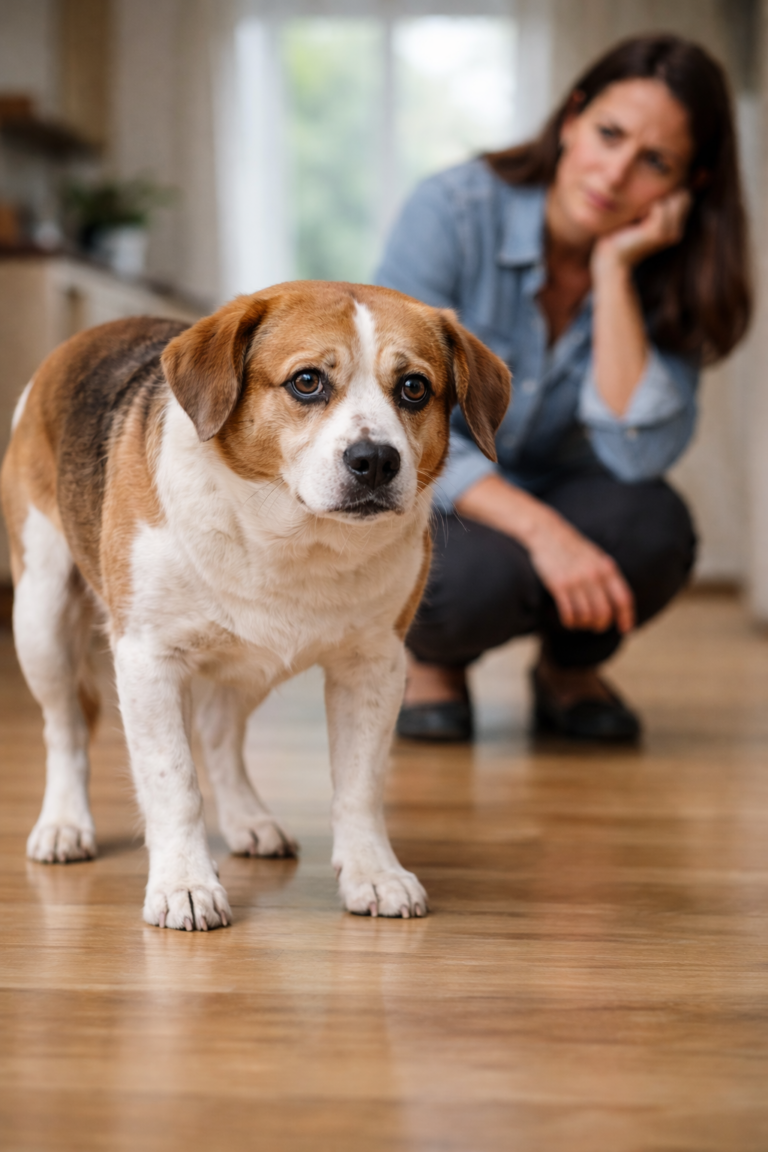 Dog shaking indoors while owner looks concerned