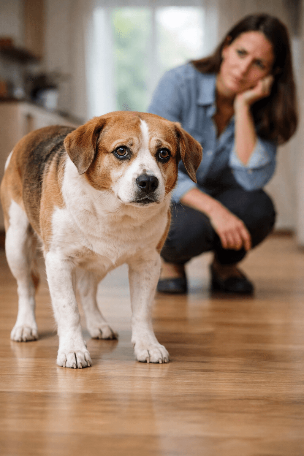 Dog shaking indoors while owner looks concerned