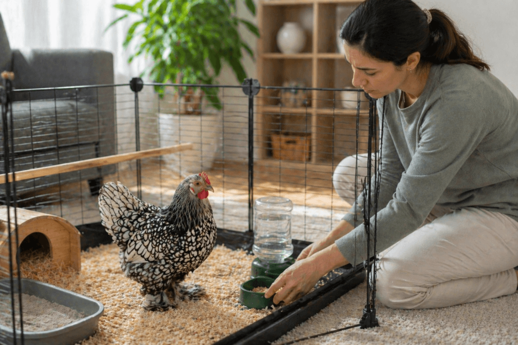 Fancy hen in a clean indoor chicken enclosure with owner checking feed and water