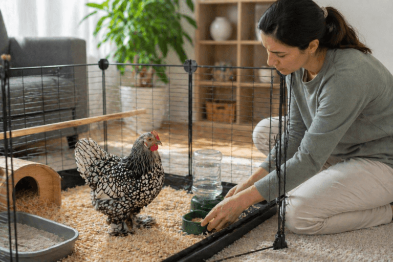 Fancy hen in a clean indoor chicken enclosure with owner checking feed and water