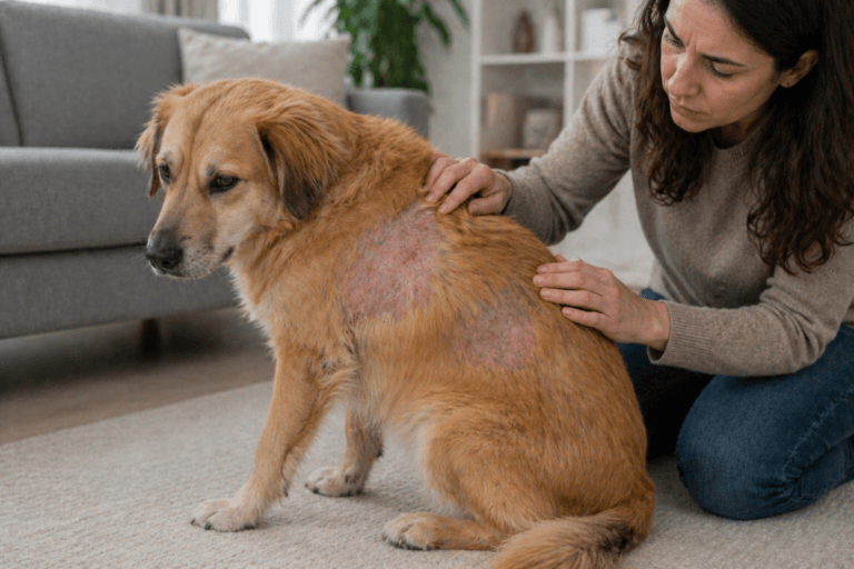 Dog with patchy hair loss being examined by a concerned owner