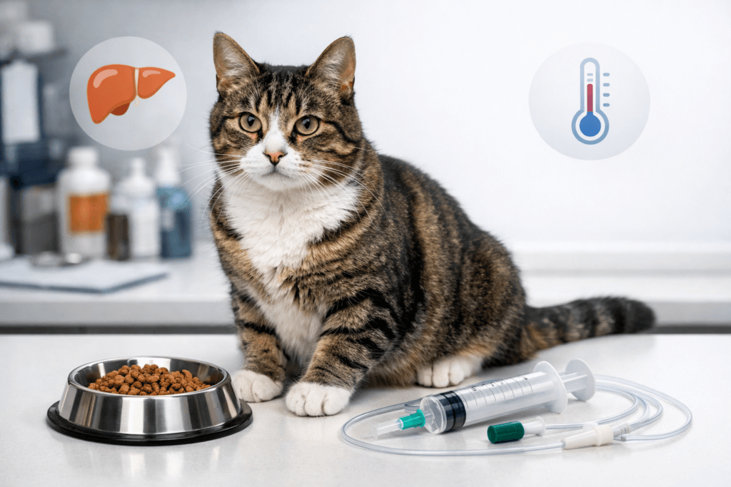 Cat refusing food with liver health icons