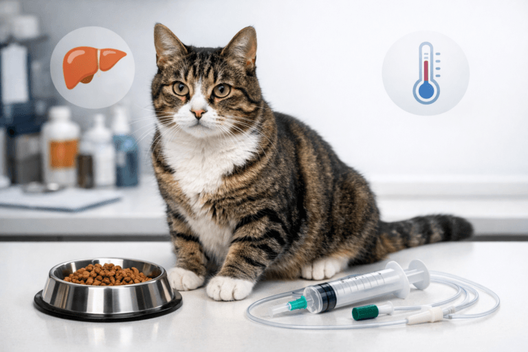 Cat refusing food with liver health icons