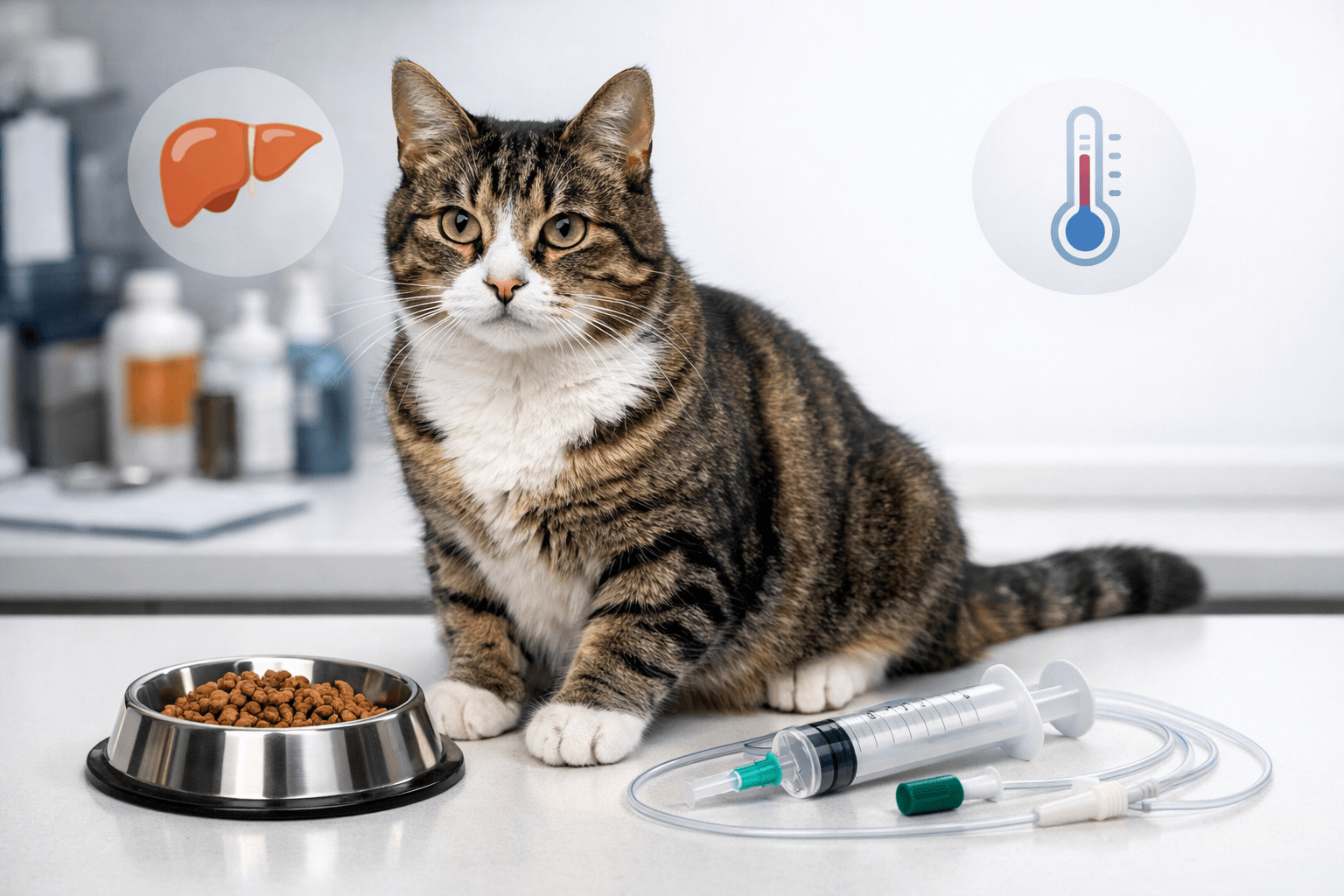 Cat refusing food with liver health icons
