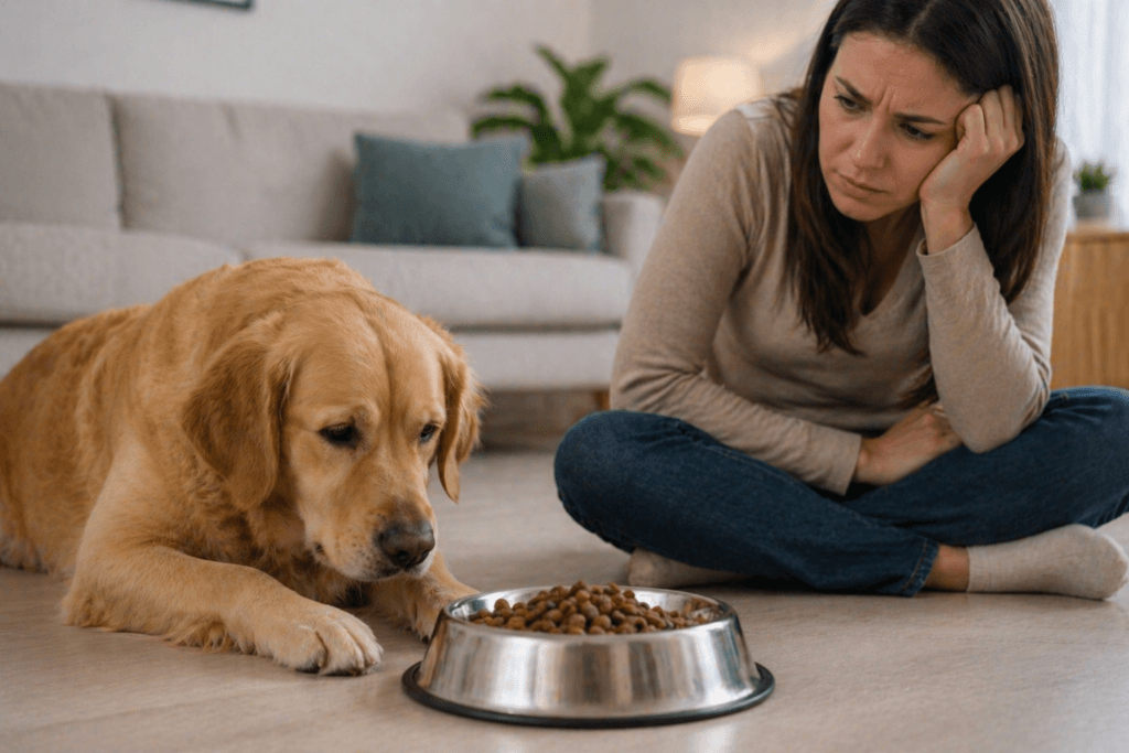 Dog refusing food while owner looks concerned