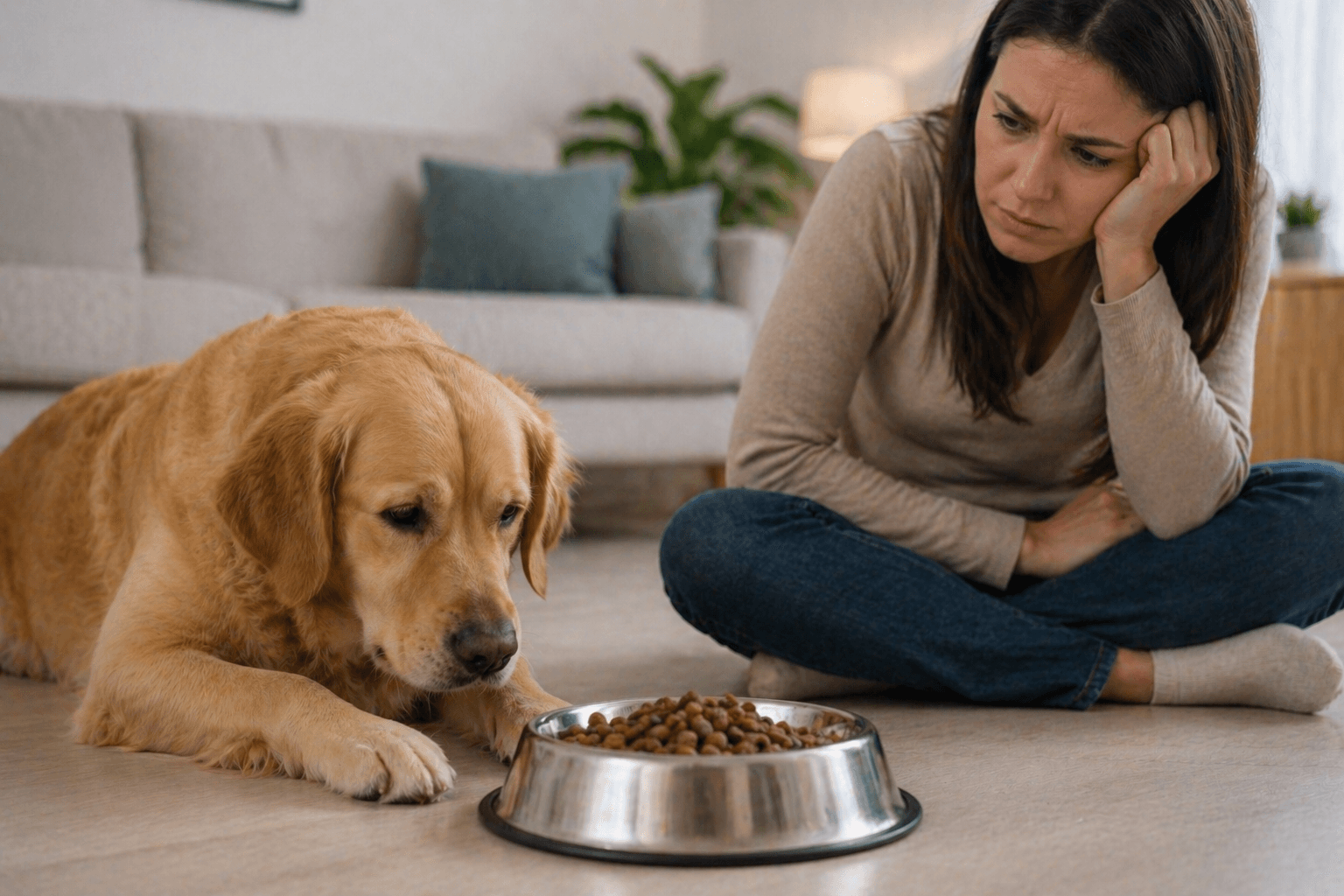 Dog refusing food while owner looks concerned
