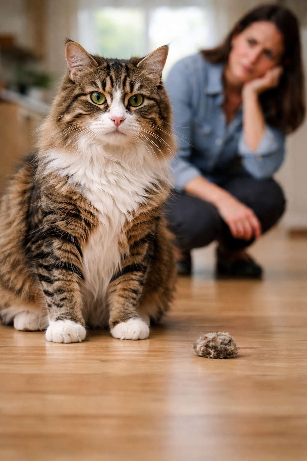 Long-haired cat with a hairball on the floor indoors