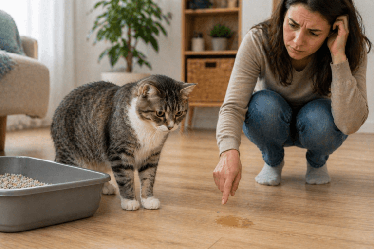 Cat avoiding the litter box while owner looks concerned