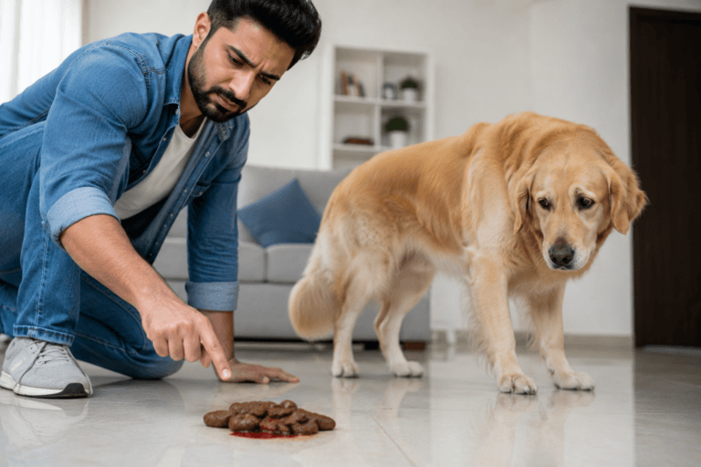 Dog owner noticing blood in dog stool while dog looks unwell