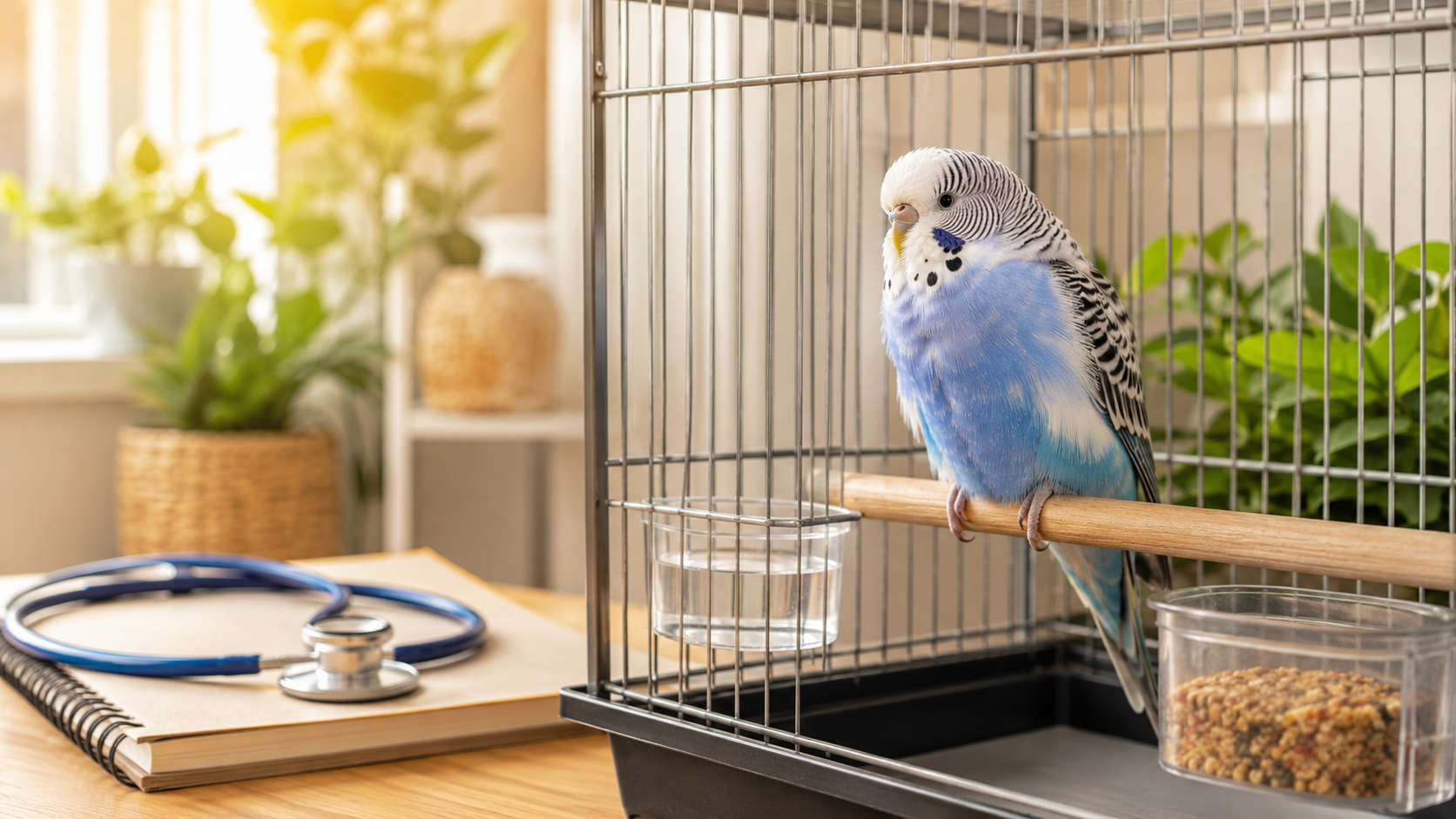 Blue-and-white budgie sitting slightly fluffed on a perch inside a clean cage.