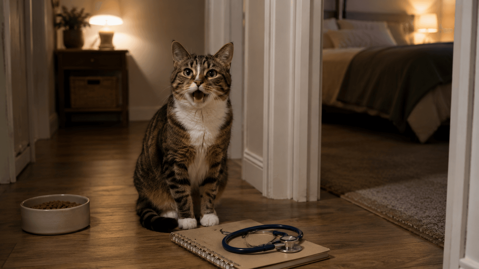 Calm adult cat sitting in a softly lit hallway at night as if meowing near a bedroom door.