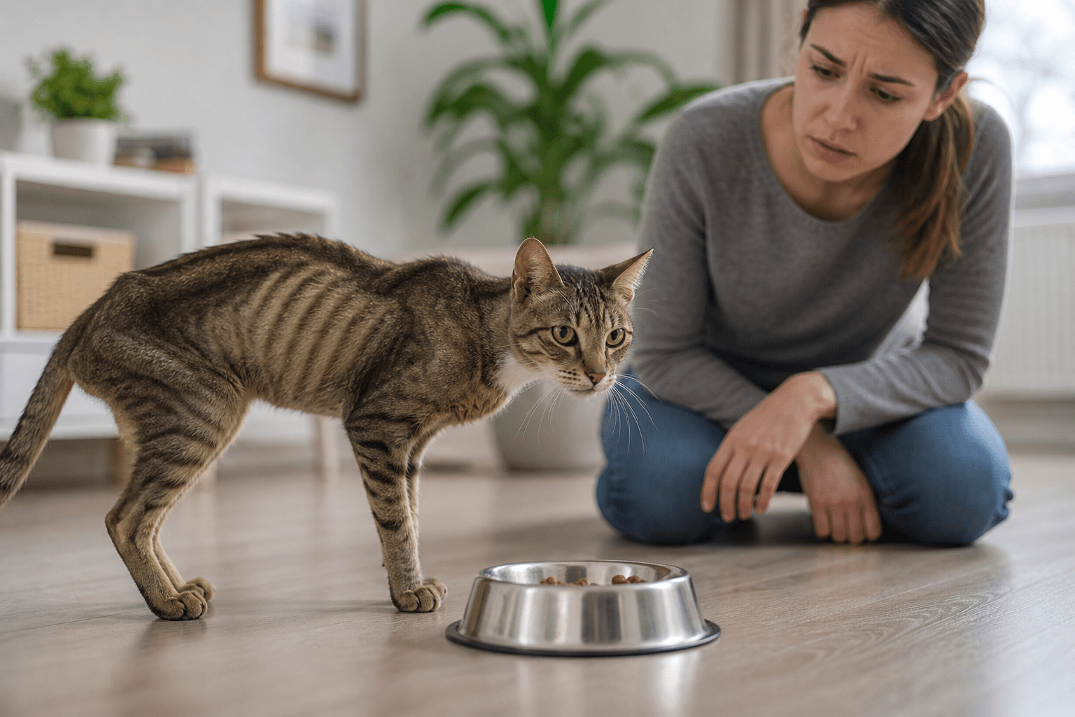Thin cat with visible weight loss being observed by concerned owner