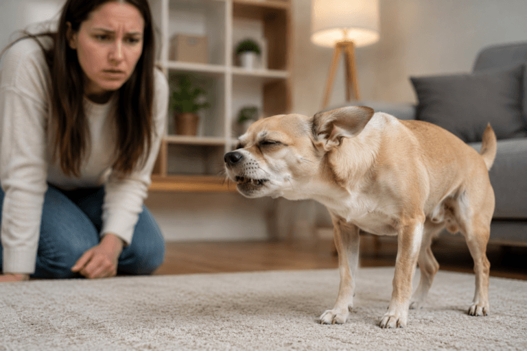 Dog reverse sneezing indoors while owner looks concerned