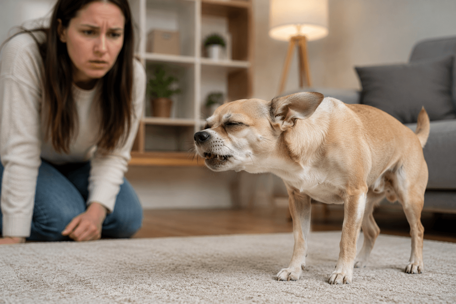 Dog reverse sneezing indoors while owner looks concerned