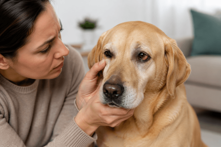 Dog with red watery eye being checked by concerned owner