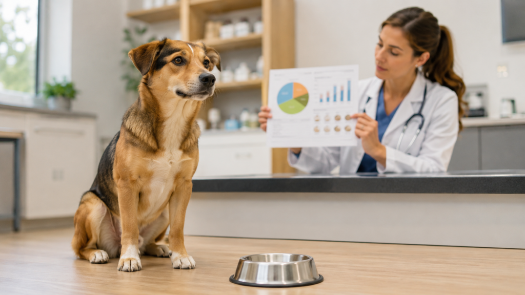 Dog sitting beside an empty food bowl while a veterinarian reviews nutrition and health notes.