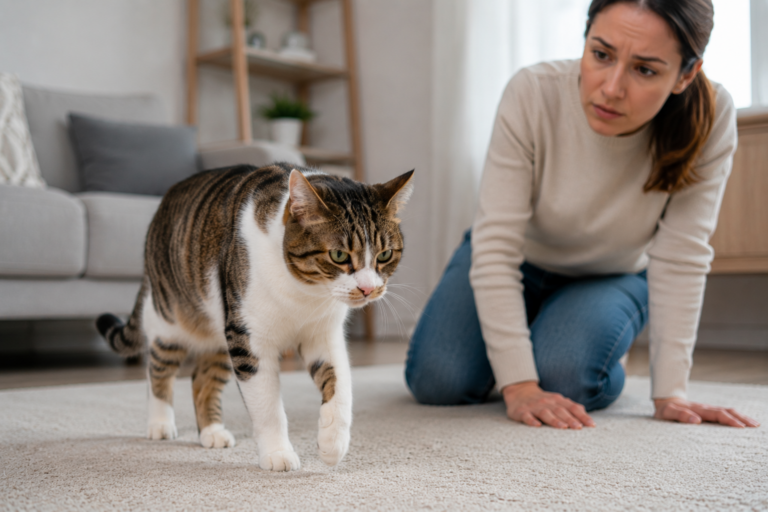 Cat limping indoors with one paw lifted while owner looks concerned