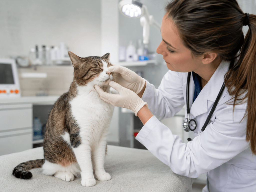 Veterinarian gently examining a calm cat’s nose and face during a clinic visit for sneezing.