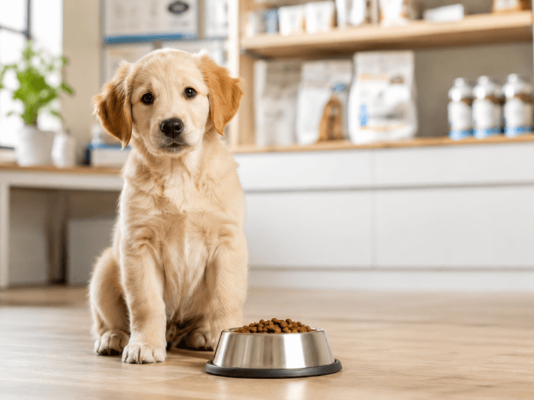 Healthy puppy sitting beside a food bowl for a puppy feeding guide.