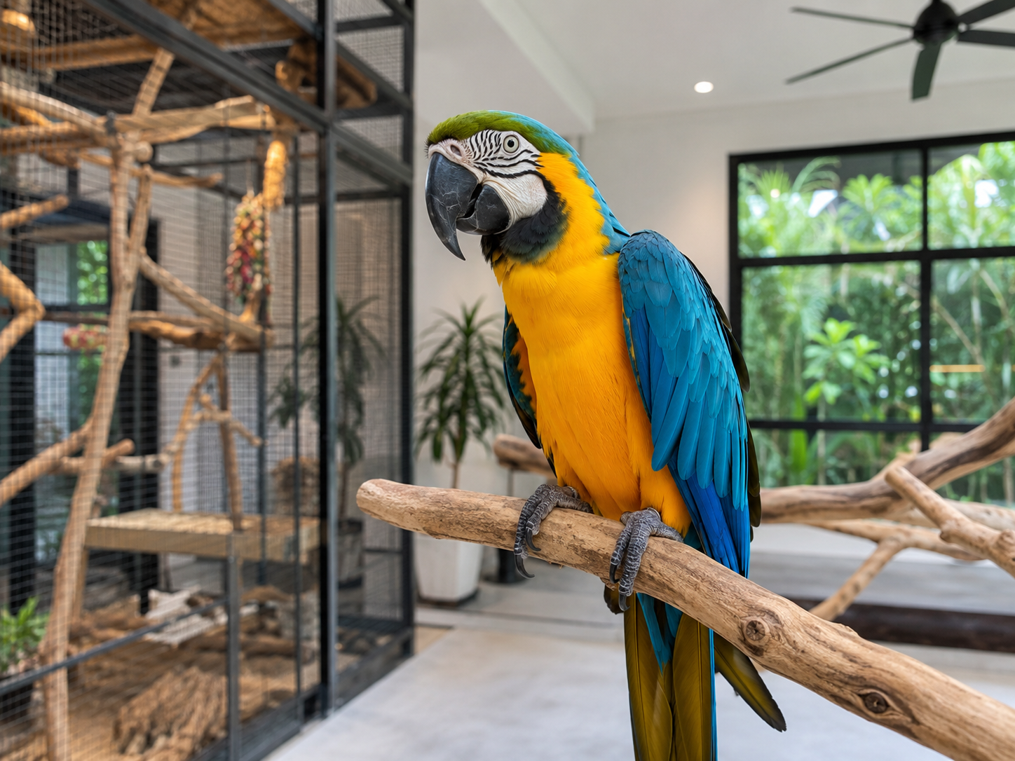 Colorful macaw perched in a spacious indoor aviary.