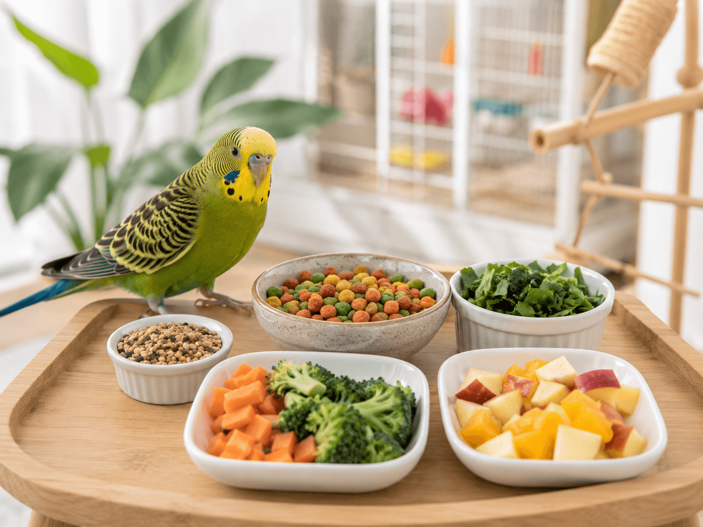 Healthy bird diet with pellets, vegetables, fruits, and small seed portion.