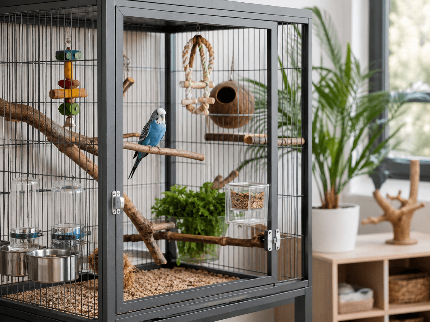 Spacious bird cage setup with perches, toys, food, and water.