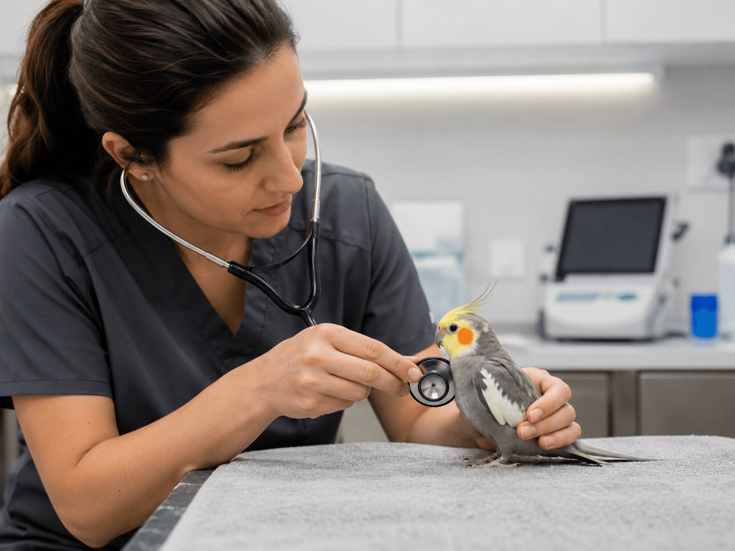Veterinarian examining a cockatiel during a bird health checkup.