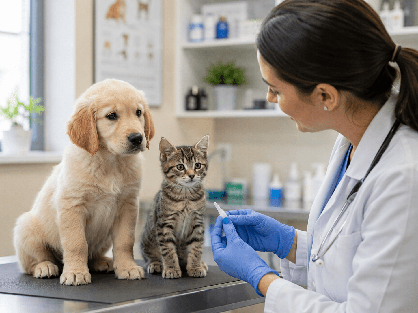 Veterinarian preparing preventive deworming care for a puppy and kitten.