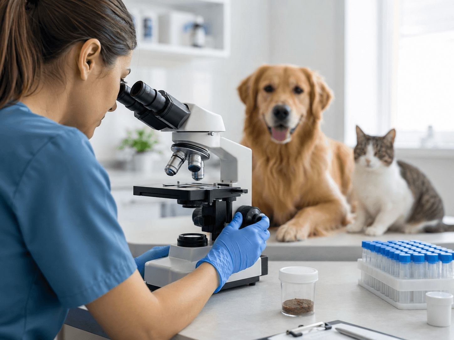 Veterinary technician examining a stool sample under a microscope for pet parasites.
